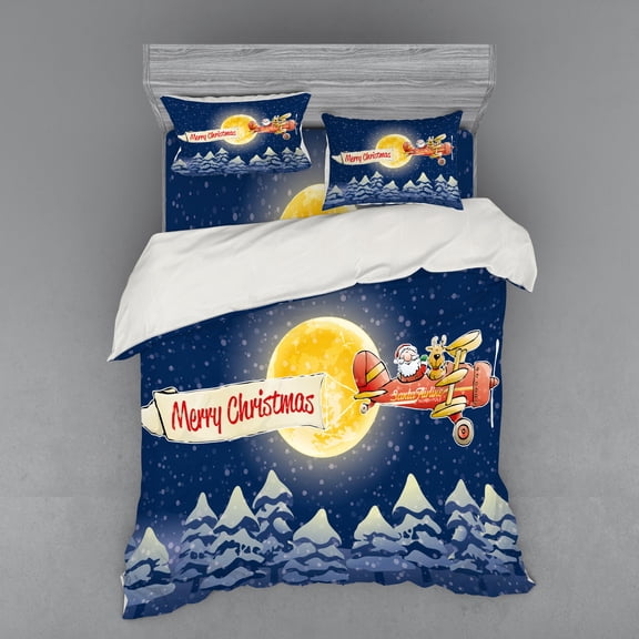 Ambesonne Christmas Bedding Set 4 Pcs, Santa Claus Airline, Queen, Dark Blue Marigold Red