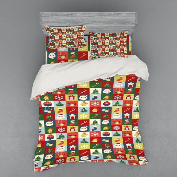 Ambesonne Christmas Bedding Set 4 Pcs, Santa Gift Boxes Squares, Queen, Multicolor