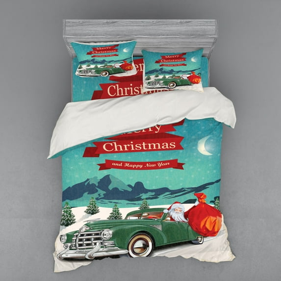Ambesonne Christmas Bedding Set 4 Pcs, Santa in Classic Car, Queen, Teal Red