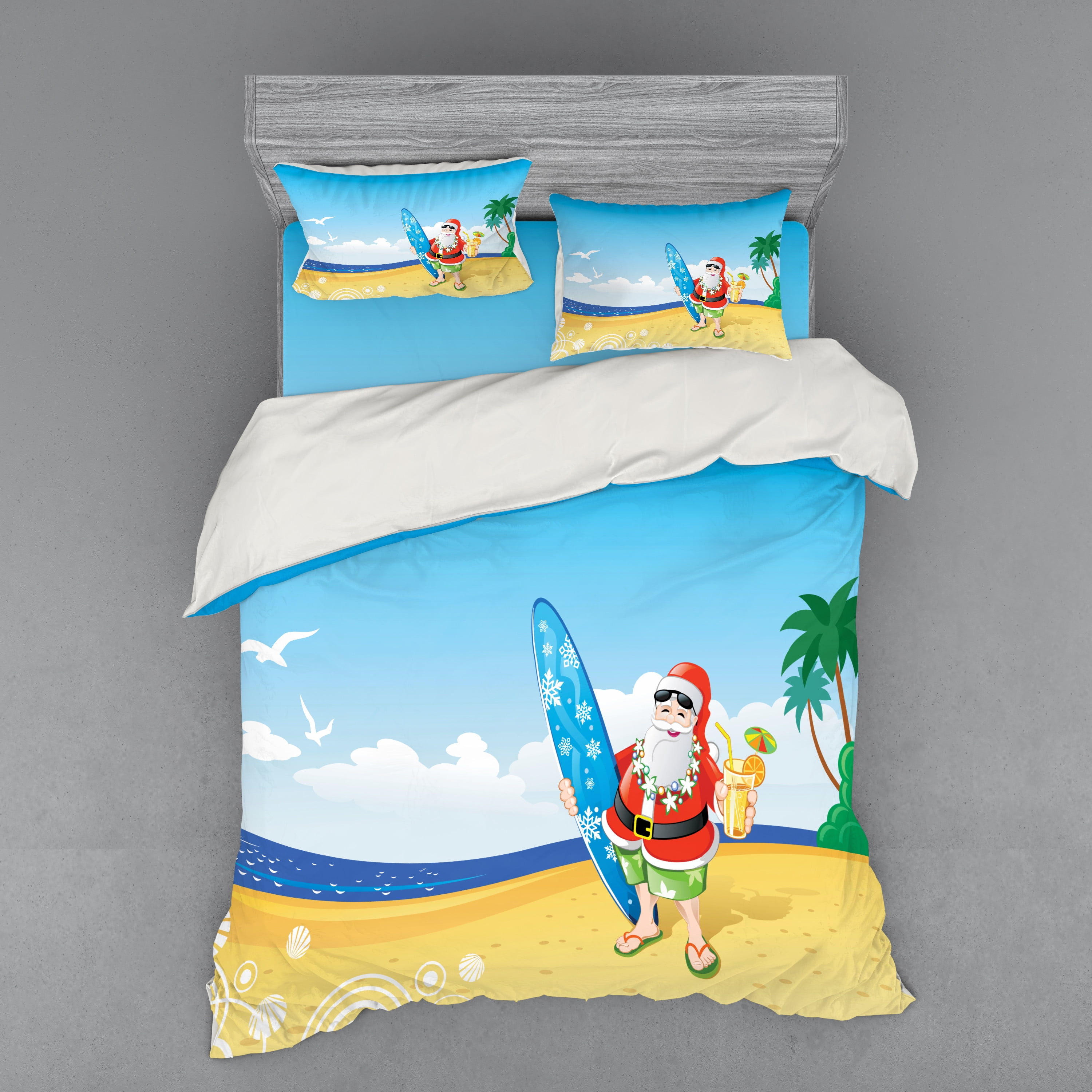 Santa Beach Surfing Blue and Yellow Queen Duvet Cover Set