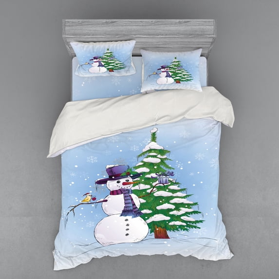 Ambesonne Christmas Bedding Set 4 Pcs, Snowman and Tree, Queen, Blue Green