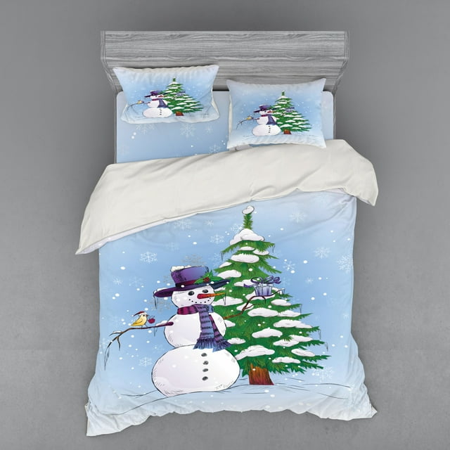 Ambesonne Christmas Bedding Set 4 Pcs, Snowman and Tree, Queen, Blue Green