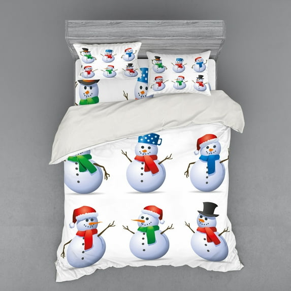 Ambesonne Christmas Bedding Set 4 Pcs, Snowmen with Hats, Queen, Multicolor