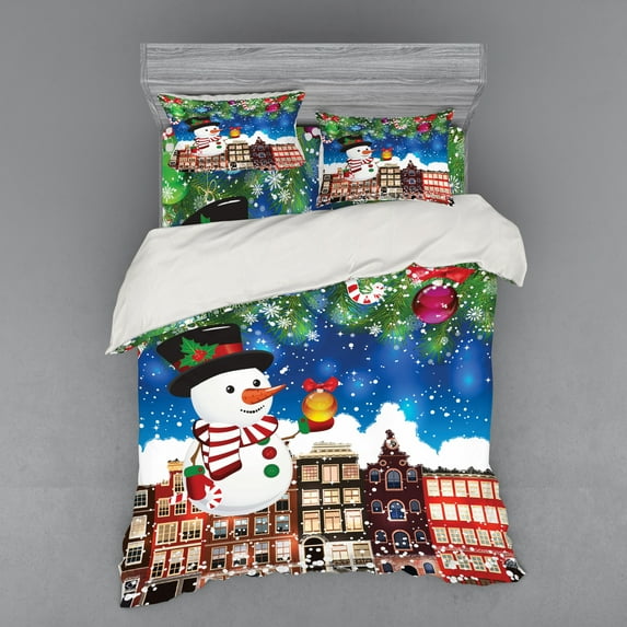 Ambesonne Christmas Bedding Set 4 Pcs, Snowy City Street, Queen, Multicolor