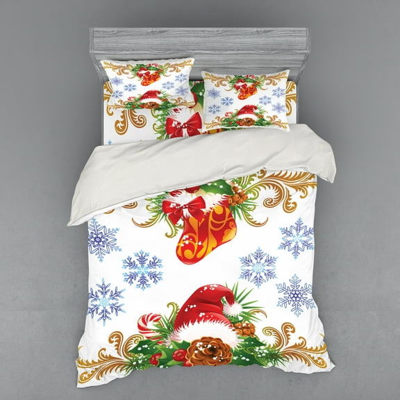 Ambesonne Christmas Bedding Set 4 Pcs, Stocking Santa Hat, Queen, Multicolor