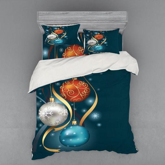Ambesonne Christmas Bedding Set 4 Pcs, Vivid Balls Ribbons, Queen, Petrol Blue Grey Red