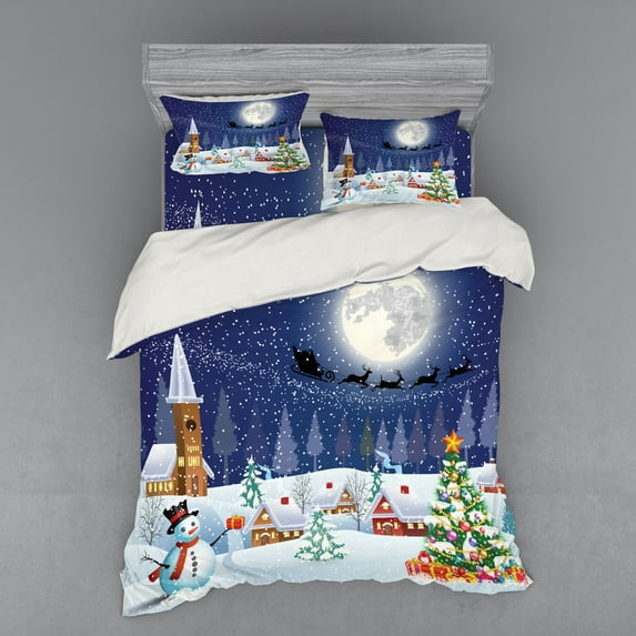 Ambesonne Christmas Bedding Set 4 Pcs, Winter Landscape, Queen, White Blue