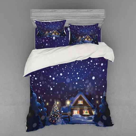 Ambesonne Christmas Bedding Set 4 Pcs, Winter Night House, Queen, Navy Blue Yellow
