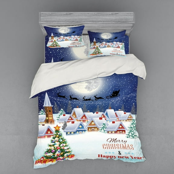 Ambesonne Christmas Bedding Set 4 Pcs, Winter Sky Moon Star, Queen, Navy White