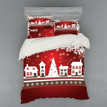 Ambesonne Christmas Bedding Set 4 Pcs, Winter Theme Tree, Queen, White Red