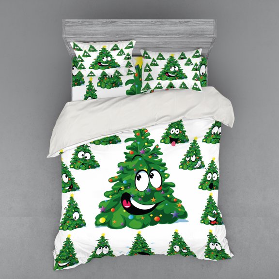 Ambesonne Christmas Bedding Set 4 Pcs, Xmas Cartoon Funny, Queen, Green Yellow White