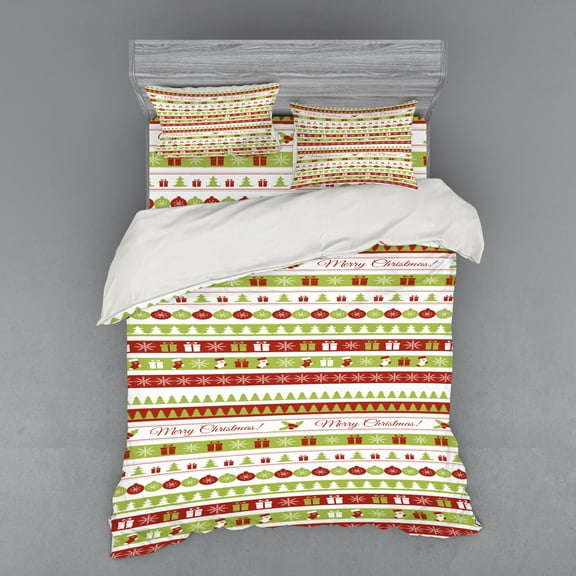 Ambesonne Christmas Bedding Set 4 Pcs, Xmas Words Ceremony, Queen, Apple Green White