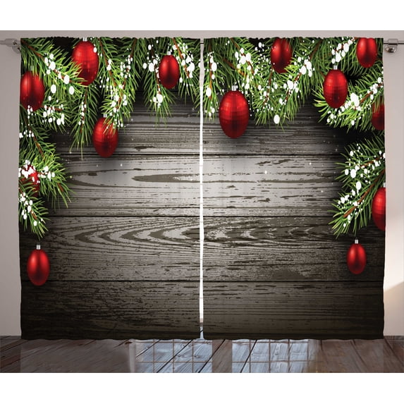 Ambesonne Christmas Curtains 2 Panel Set, Red Balls Fir Branch, 108" x 90", Brown and Red