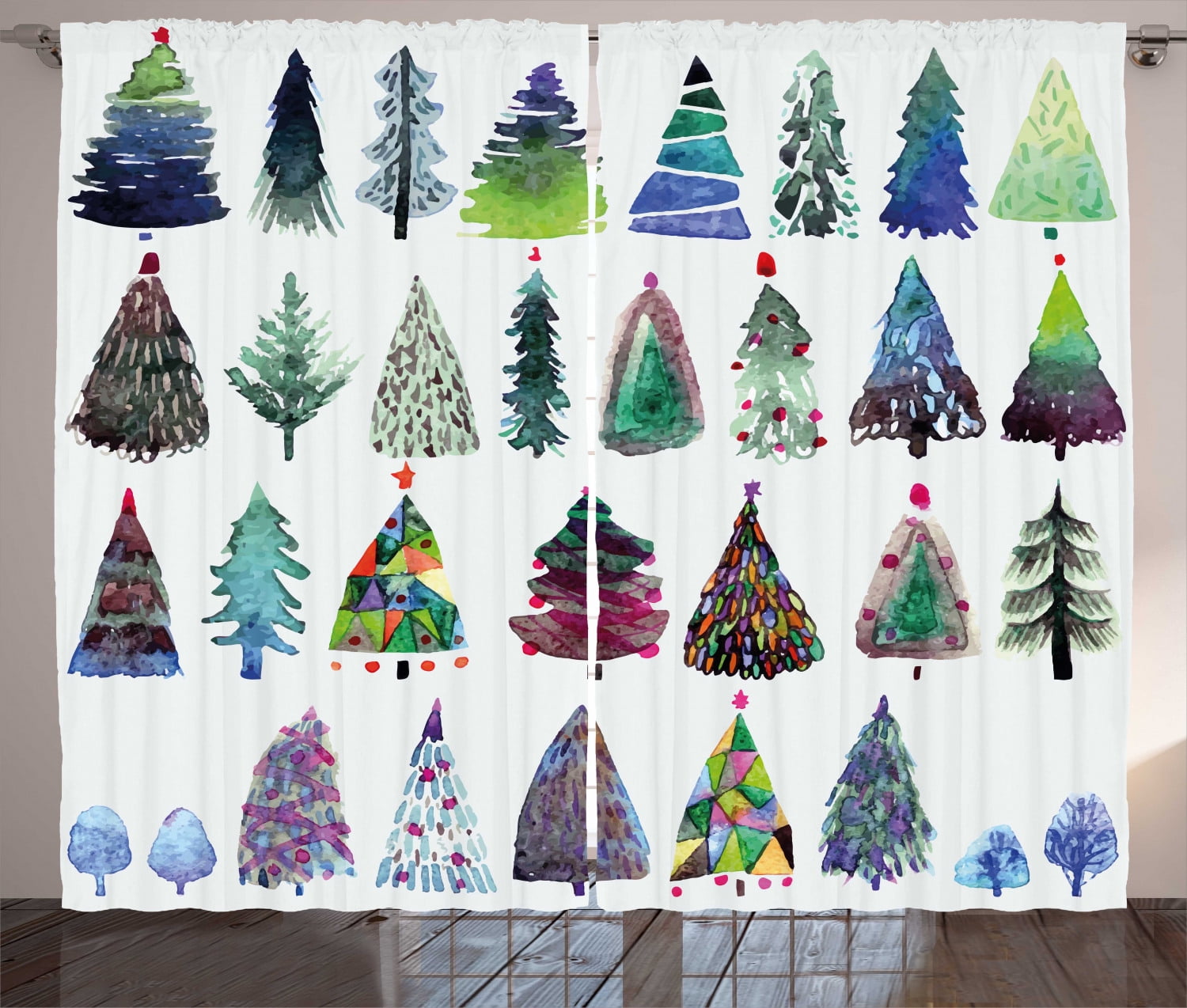 Multicolor Watercolor Fir Trees Polyester Rod Pocket Curtain Panels