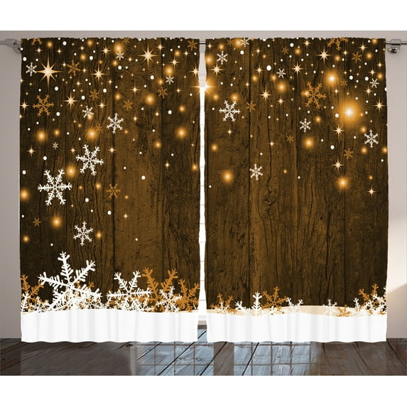 Ambesonne Christmas Curtains 2 Panel Set, Wood and Snowflakes, 108" x 90", Brown White