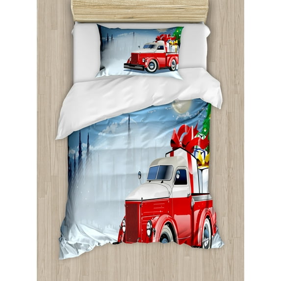 Ambesonne Christmas Duvet Cover Set, American Truck Gifts, Twin, Blue Red White