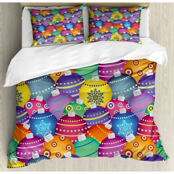 Ambesonne Christmas Duvet Cover Set, Colorful Xmas Balls, 2-Calking, Multicolor