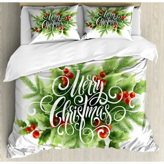 Ambesonne Christmas Duvet Cover Set, Cursive Lettering Leaves, 2-Calking, Olive Green Paprika
