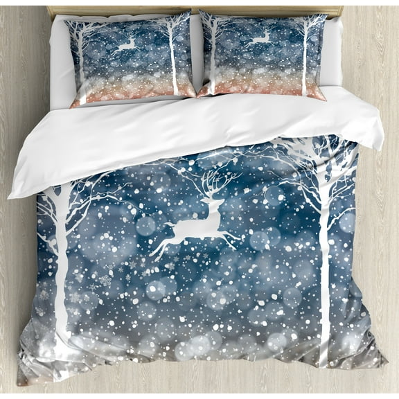Ambesonne Christmas Duvet Cover Set, Flying Deer Ombre Snow, Calking, Blue and White