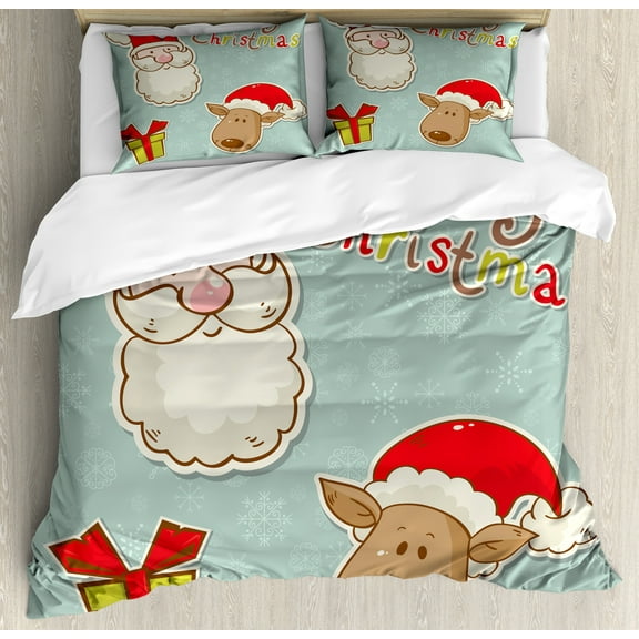 Ambesonne Christmas Duvet Cover Set, Funny Gift Santa and Deer, Calking, Almond Green Multicolor