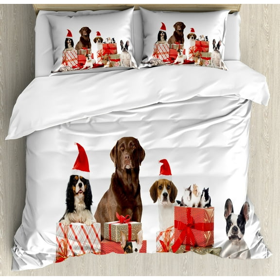 Ambesonne Christmas Duvet Cover Set, Funny Pets Gifts Photo, Queen, White Brown and Red