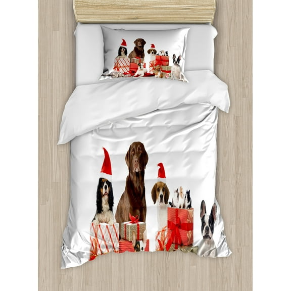 Ambesonne Christmas Duvet Cover Set, Funny Pets Gifts Photo, Twin, White Brown and Red