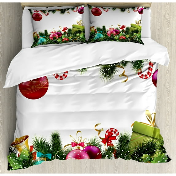 Ambesonne Christmas Duvet Cover Set, New Year Celebration, 2-Calking, Green Maroon