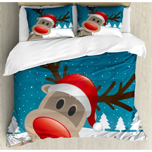 Ambesonne Christmas Duvet Cover Set, Noel Fun Cartoon, Queen, Red Brown Navy
