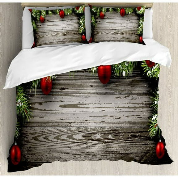 Ambesonne Christmas Duvet Cover Set, Ornaments Nostalgic Historical Celebration And Reunion Themed Print, Decorative 3 Piece Bedding Set With 2 Pillow Shams, Queen Size, Brown And Red