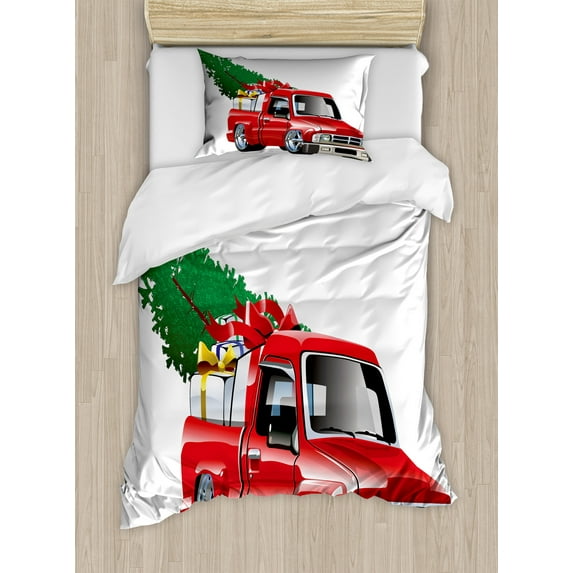 Ambesonne Christmas Duvet Cover Set, Red Farm Truck, Twin, White Red