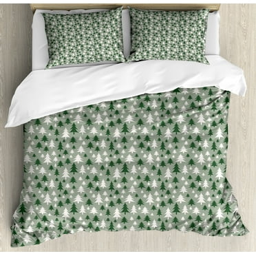 Ambesonne Christmas Duvet Cover Set, Repetitive Pine Trees, Calking, Reseda Green Green