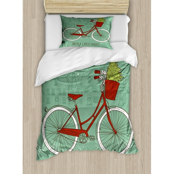 Ambesonne Christmas Duvet Cover Set, Retro Bike Xmas Trees, Twin, Almond Green Red White
