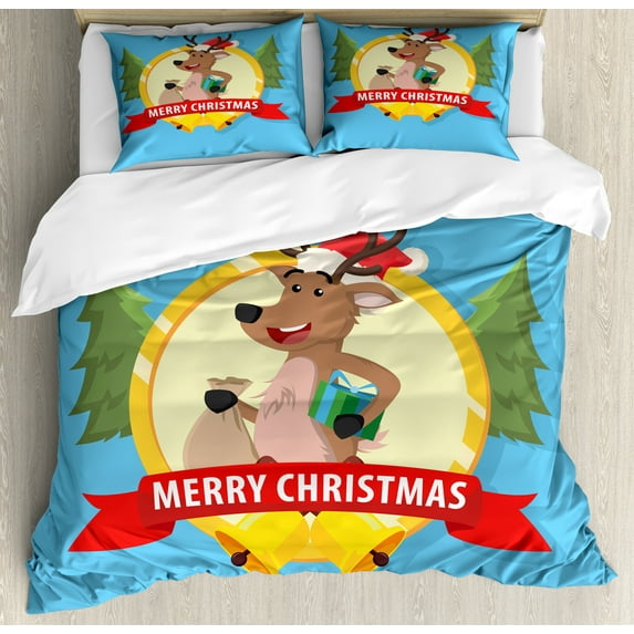 Ambesonne Christmas Duvet Cover Set, Santa Reindeer Character, 2-Calking, Sky Blue and Multicolor