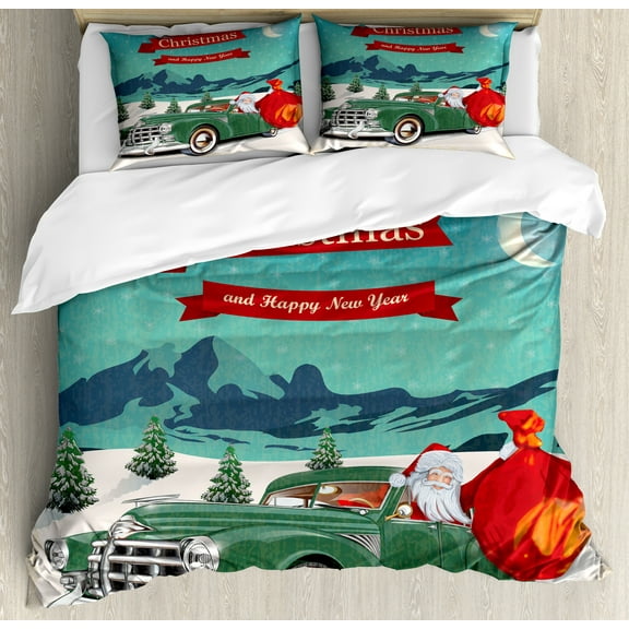 Ambesonne Christmas Duvet Cover Set, Santa in Classic Car, King, Teal Red