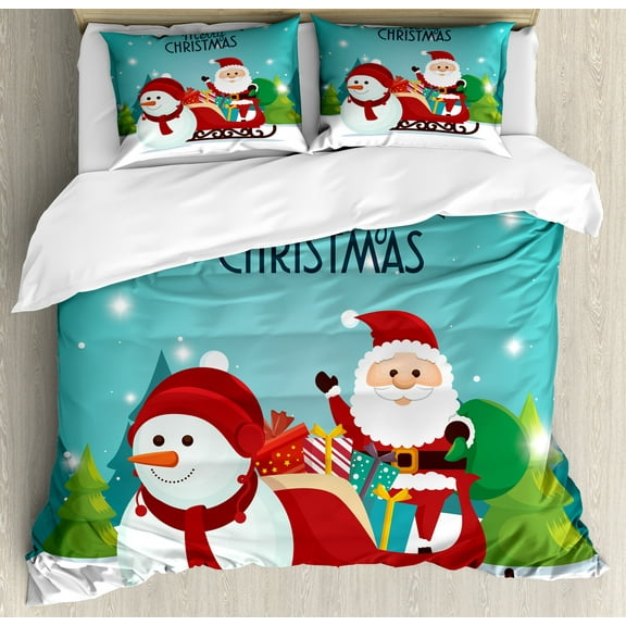 Ambesonne Christmas Duvet Cover Set, Santa in Sled and Snowman, Calking, Cadet Blue Multicolor