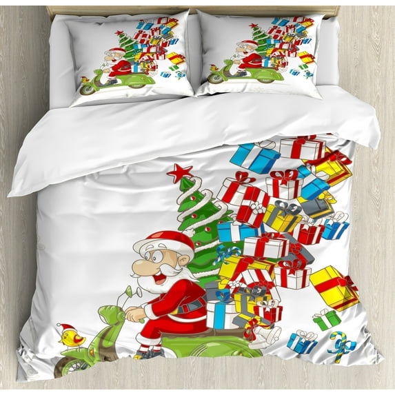 Ambesonne Christmas Duvet Cover Set, Santa on Motorbike, Calking, White Green and Red