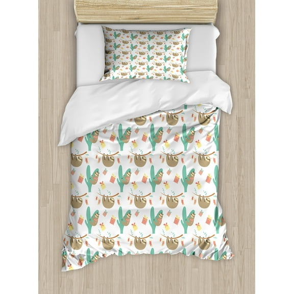 Ambesonne Christmas Duvet Cover Set, Sloths Holiday Socks, Twin, Seafoam Dark Tan