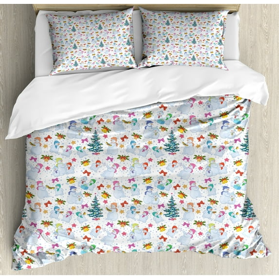 Ambesonne Christmas Duvet Cover Set, Snowman Pines Robbons, 2-Calking, Multicolor