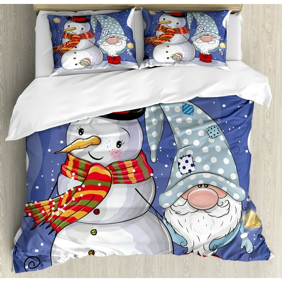 Ambesonne Christmas Duvet Cover Set, Snowman and Funny Gnome, King, Dark Violet Multicolor