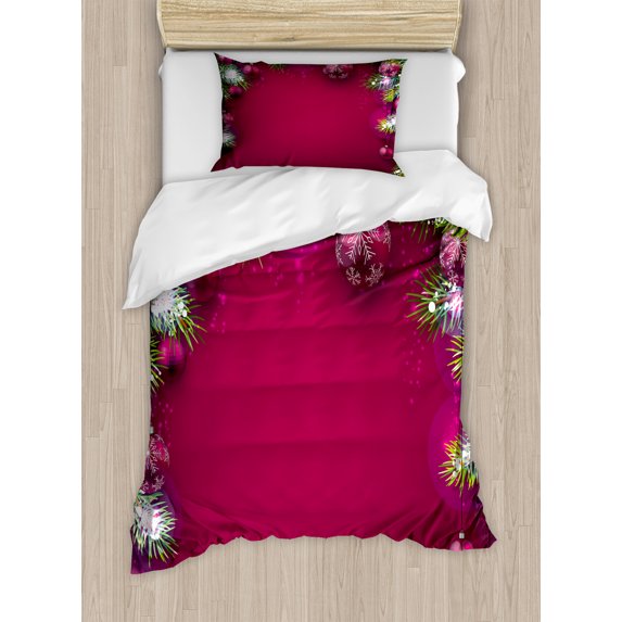 Ambesonne Christmas Duvet Cover Set, Tree Balls Snowflakes, Twin, Magenta Green White