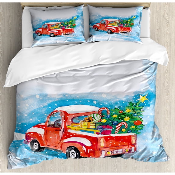 Ambesonne Christmas Duvet Cover Set, Truck Winter Scenery, Queen, Blue White Red