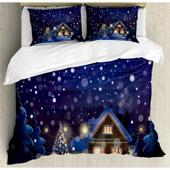 Ambesonne Christmas Duvet Cover Set, Winter Night House, Calking, Navy Blue Yellow