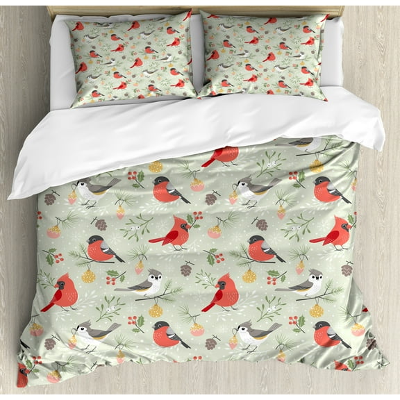 Ambesonne Christmas Duvet Cover Set, Winter Ornaments Birds, 2-Calking, Pale Green and Multicolor
