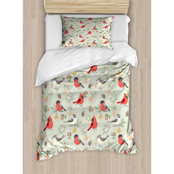 Ambesonne Christmas Duvet Cover Set, Winter Ornaments Birds, Twin, Pale Green and Multicolor