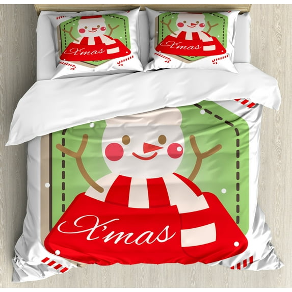 Ambesonne Christmas Duvet Cover Set, X'mas Candy Cane Snowman, 2-Calking, Pistachio Green Vermilion