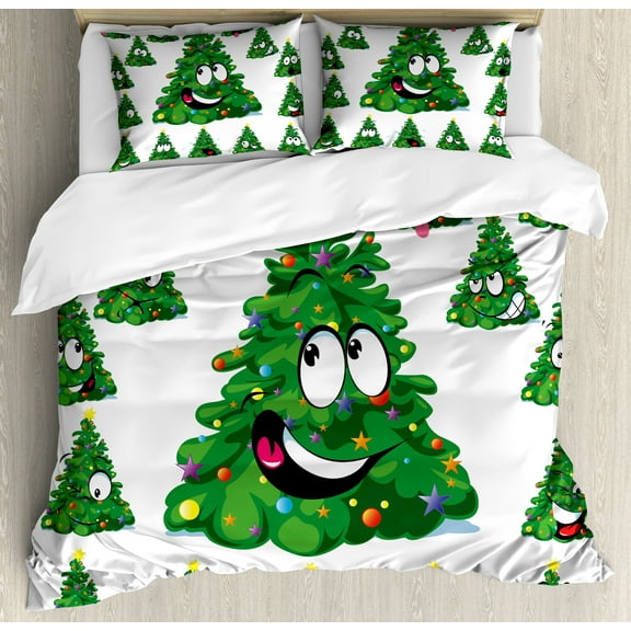 Ambesonne Christmas Duvet Cover Set, Xmas Cartoon Funny, 2-Calking, Green Yellow White