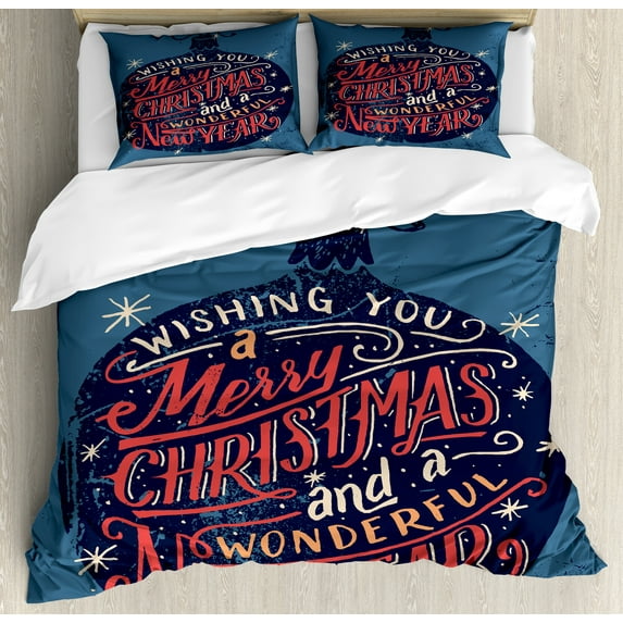 Ambesonne Christmas Duvet Cover Set, Xmas Wishes on a Ball, 2-Calking, Slate Blue and Dark Coral