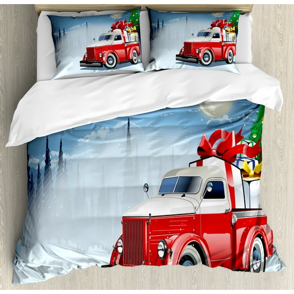 Ambesonne Christmas Duvet Cover Sets, American Truck Gifts, 2-King, Blue Red White
