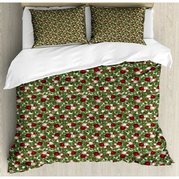Ambesonne Christmas Duvet Cover Sets, Balls Holly Old, 2-Queen, Red Green Grey