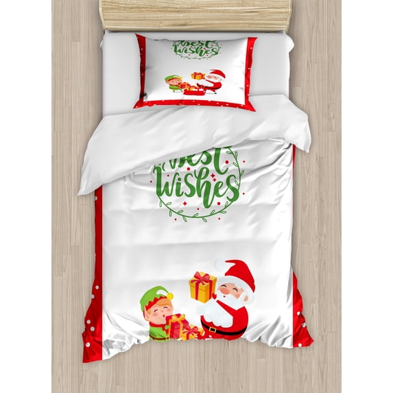 Ambesonne Christmas Duvet Cover Sets, Best Wishes Elf and Santa, 2-Twin, Vermilion Green and White
